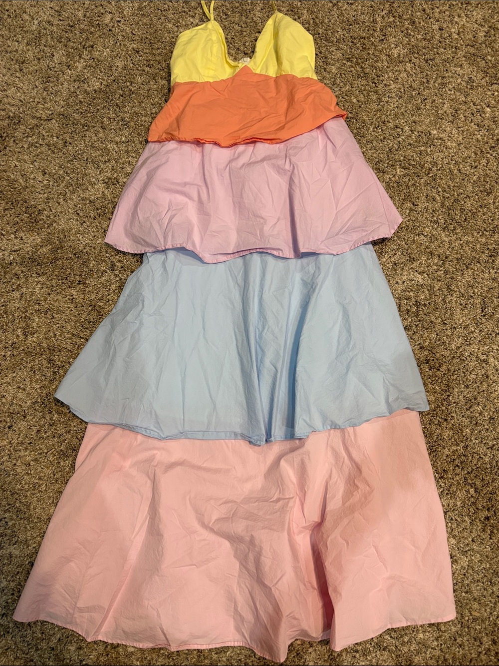Tiered Pastel Maxi Dress with Yellow, Orange, Lavender, Blue and Pink